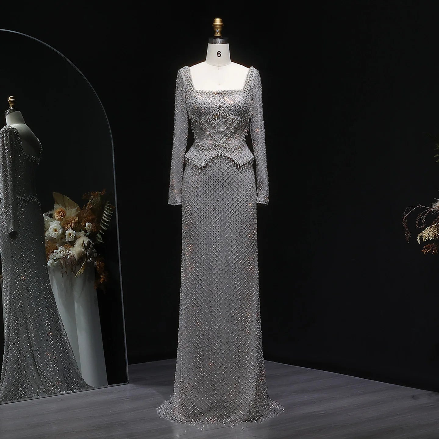 Champagne Champagne Crystal Long Sleeve Evening Gown — Dubai Arabic Luxury — Riviera Couture GCC Luxury Evening Gown