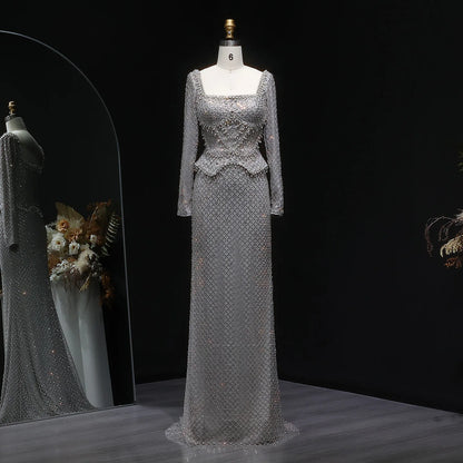 Champagne Champagne Crystal Long Sleeve Evening Gown — Dubai Arabic Luxury — Riviera Couture GCC Luxury Evening Gown