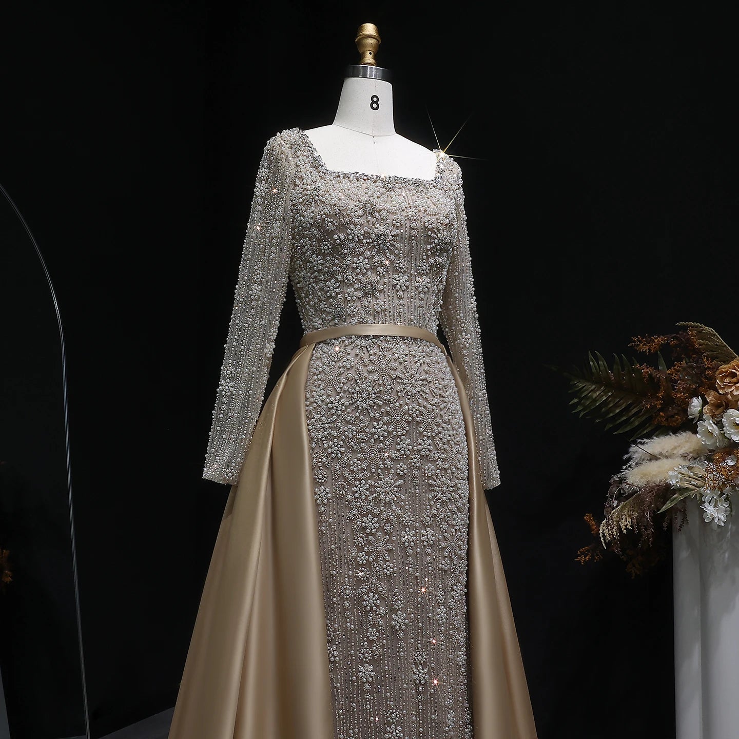 Champagne Beaded Long Sleeve Mermaid Evening Gown with Overskirt — Arabic — Riviera Couture GCC Luxury Evening Gown