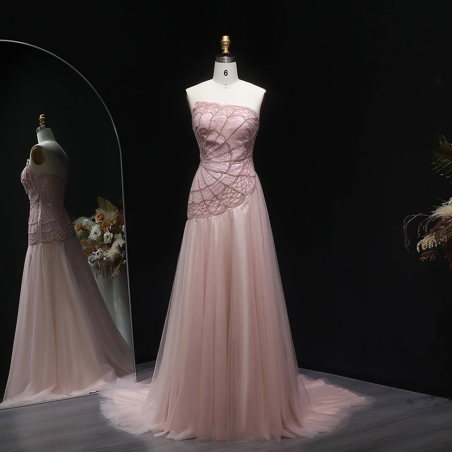 Pink Pink Strapless A-Line Evening Gown — Luxury Beaded Arabic GCC — Riviera Couture GCC Luxury Evening Gown