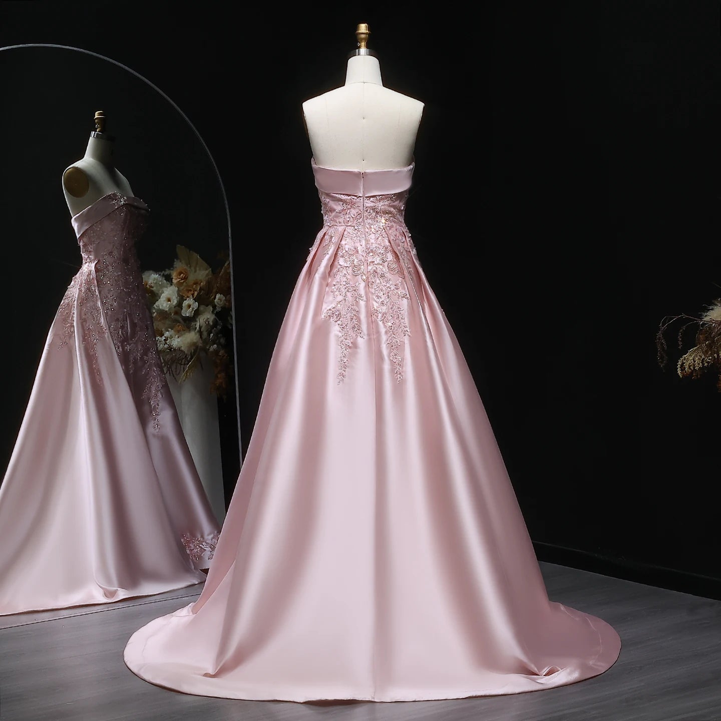 Pink Pink Mermaid Evening Gown with Overskirt — 3D Flowers Sequined Modest — Riviera Couture GCC Luxury Evening Gown