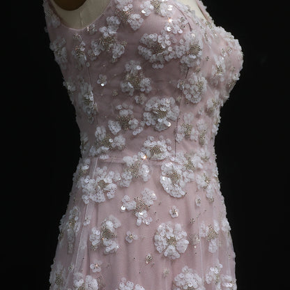 Pink Pink Floral A-Line Evening Gown — Square Neck Beaded Flowers GCC — Riviera Couture GCC Luxury Evening Gown