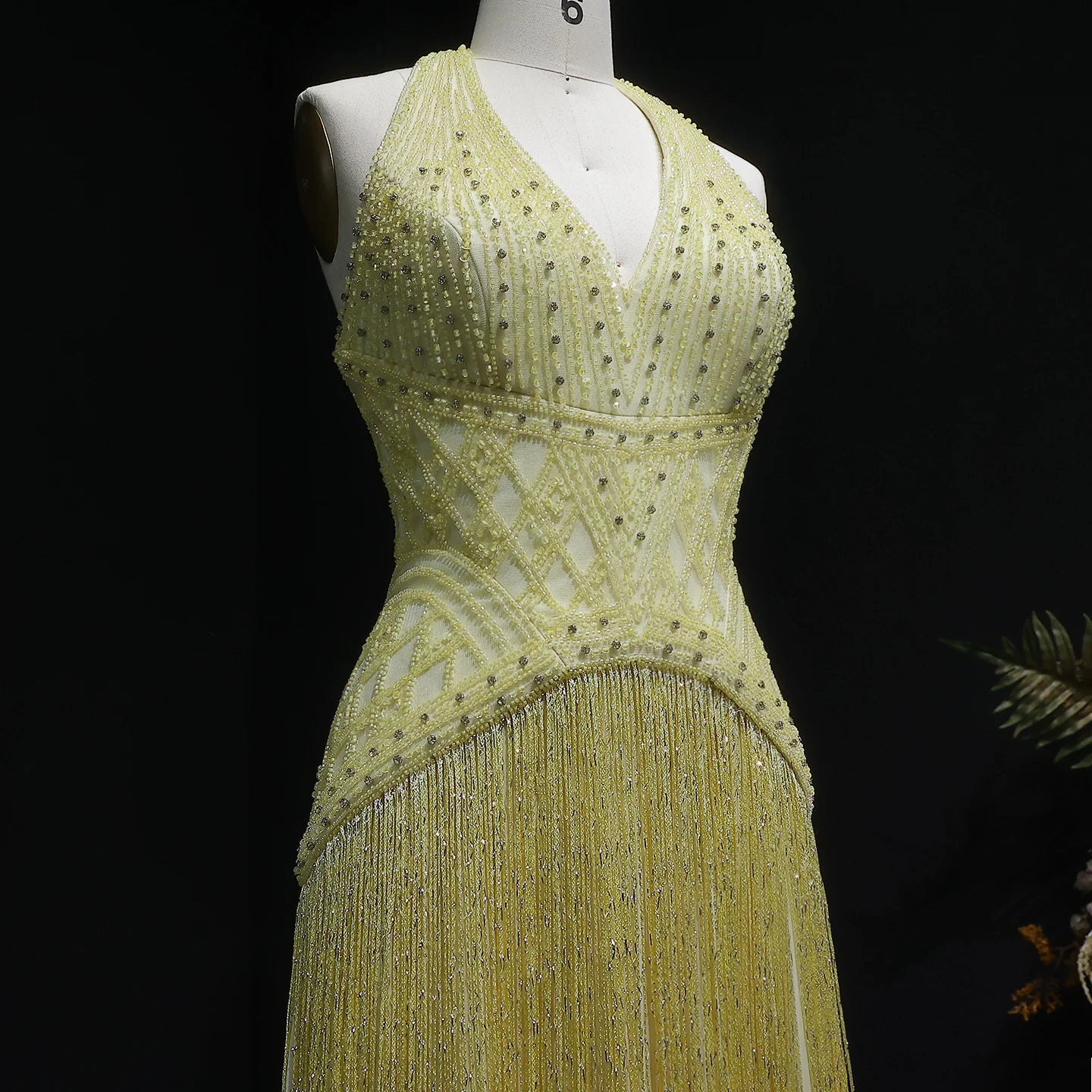 Yellow Yellow Mermaid Evening Gown — Beaded Tassel Halter V-Neck GCC — Riviera Couture GCC Luxury Evening Gown