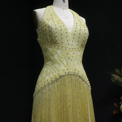 Yellow Yellow Mermaid Evening Gown — Beaded Tassel Halter V-Neck GCC — Riviera Couture GCC Luxury Evening Gown