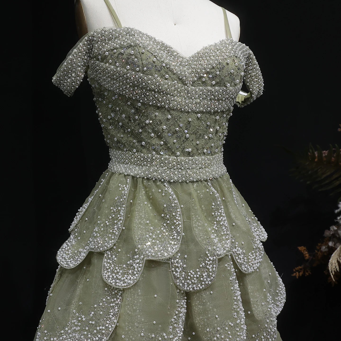 Sage Green Off-Shoulder Tiered Ruffle Evening Gown — GCC Formal — Riviera Couture GCC Luxury Evening Gown