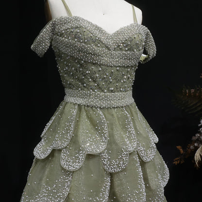 Sage Green Off-Shoulder Tiered Ruffle Evening Gown — GCC Formal — Riviera Couture GCC Luxury Evening Gown