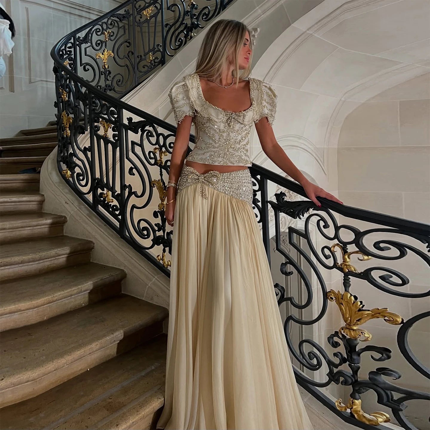 Champagne Champagne Two-Piece Evening Gown — Short Sleeve Sequined Bowknot — Riviera Couture GCC Luxury Evening Gown