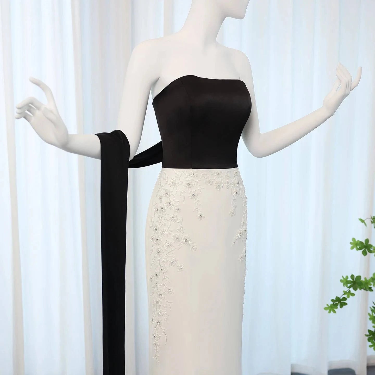 Black and White Strapless Evening Dress with Cape - Riviera Couture