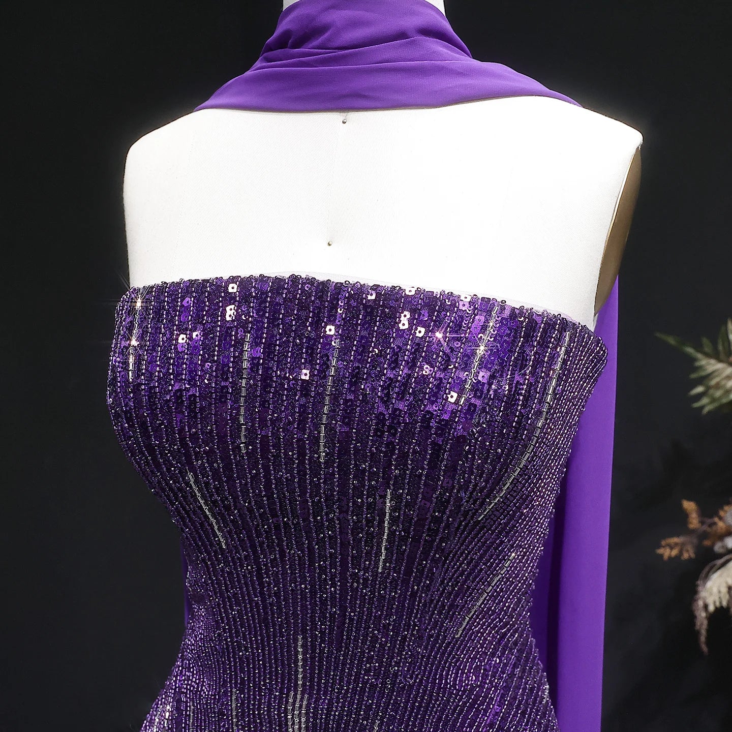Brown Strapless Sequined Two-Piece Evening Gown with Scarf — GCC Luxury — Riviera Couture GCC Luxury Evening Gown