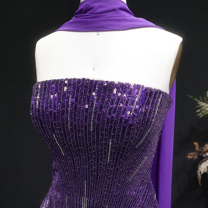 Brown Strapless Sequined Two-Piece Evening Gown with Scarf — GCC Luxury — Riviera Couture GCC Luxury Evening Gown