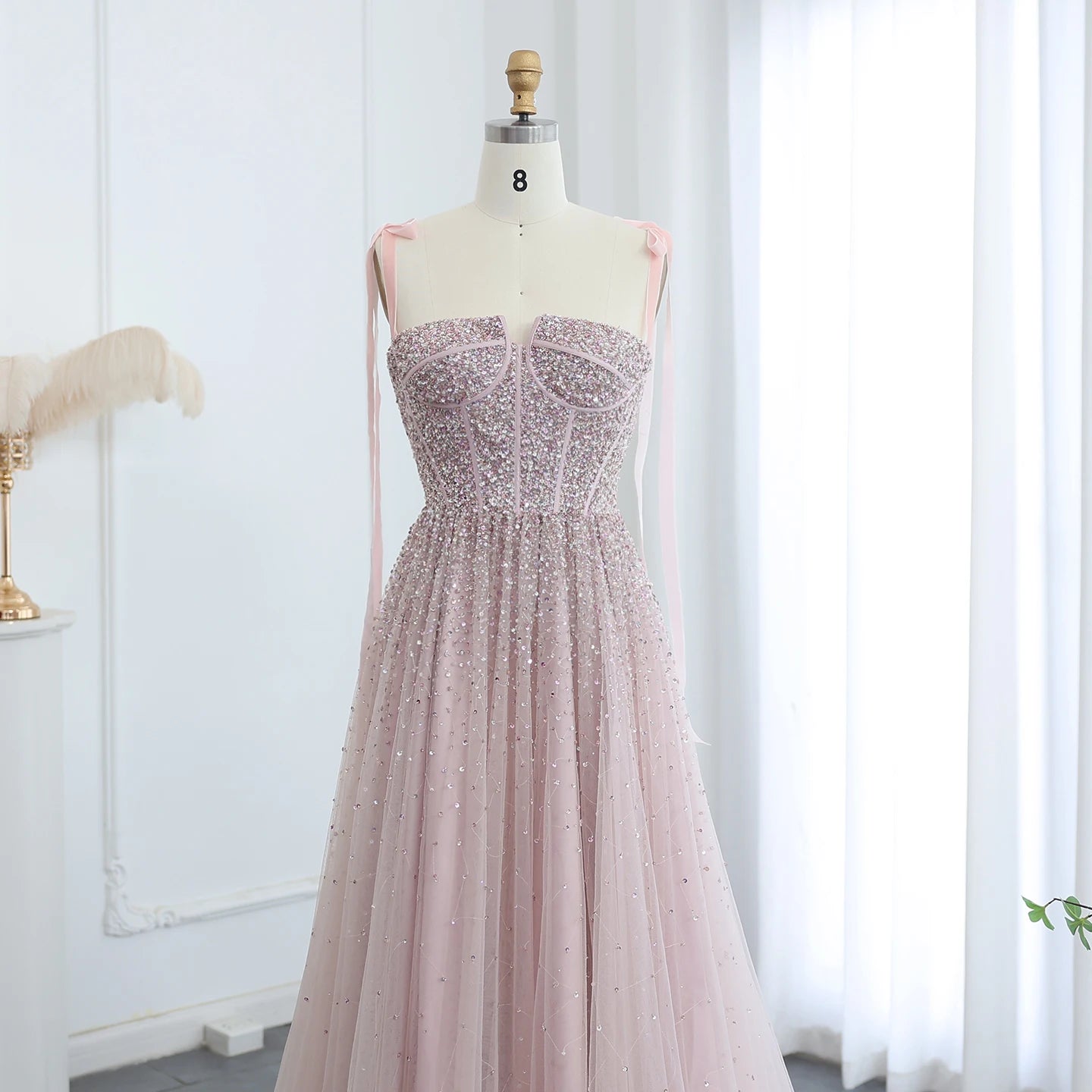Burgundy Wine Red and Blush Pink Beaded Evening Gown with Straps — Dubai — Riviera Couture GCC Luxury Evening Gown