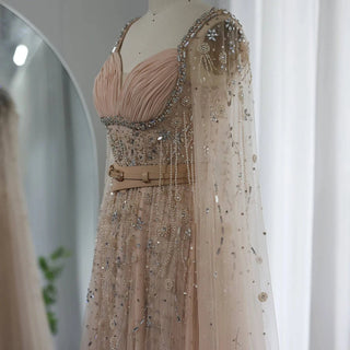 Beaded Champagne Dress with Belt - RC11 - Riviera Couture