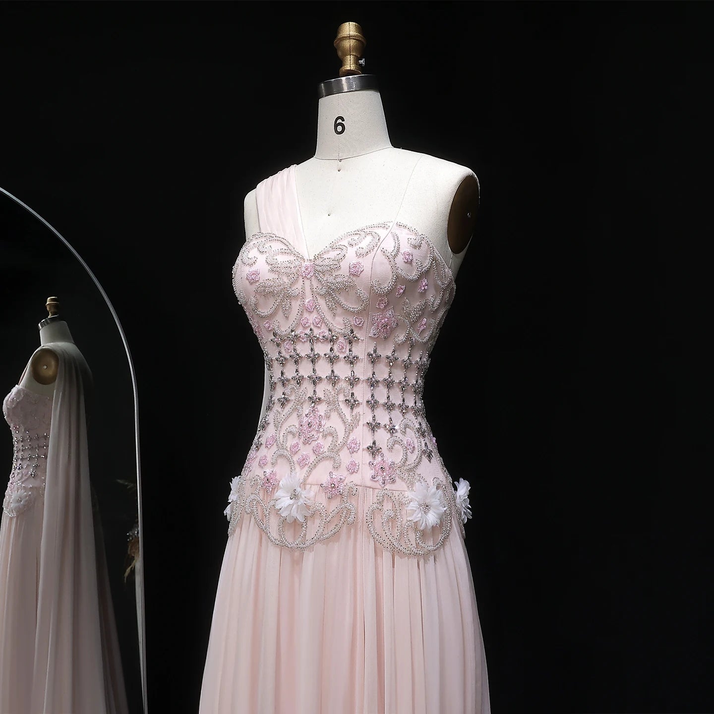 Blush Pink One-Shoulder A-Line Evening Gown with Cape — 3D Flowers Crystal — Riviera Couture GCC Luxury Evening Gown