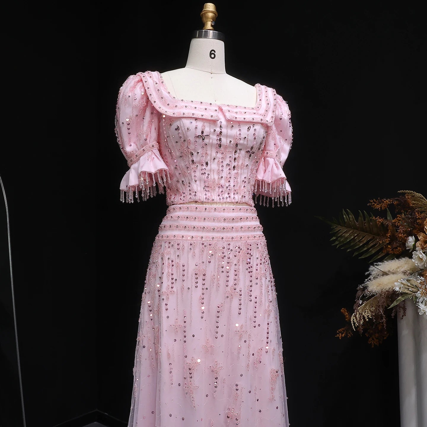 Pink Pink Two-Piece Evening Gown — Short Sleeve Square Collar Arabic — Riviera Couture GCC Luxury Evening Gown