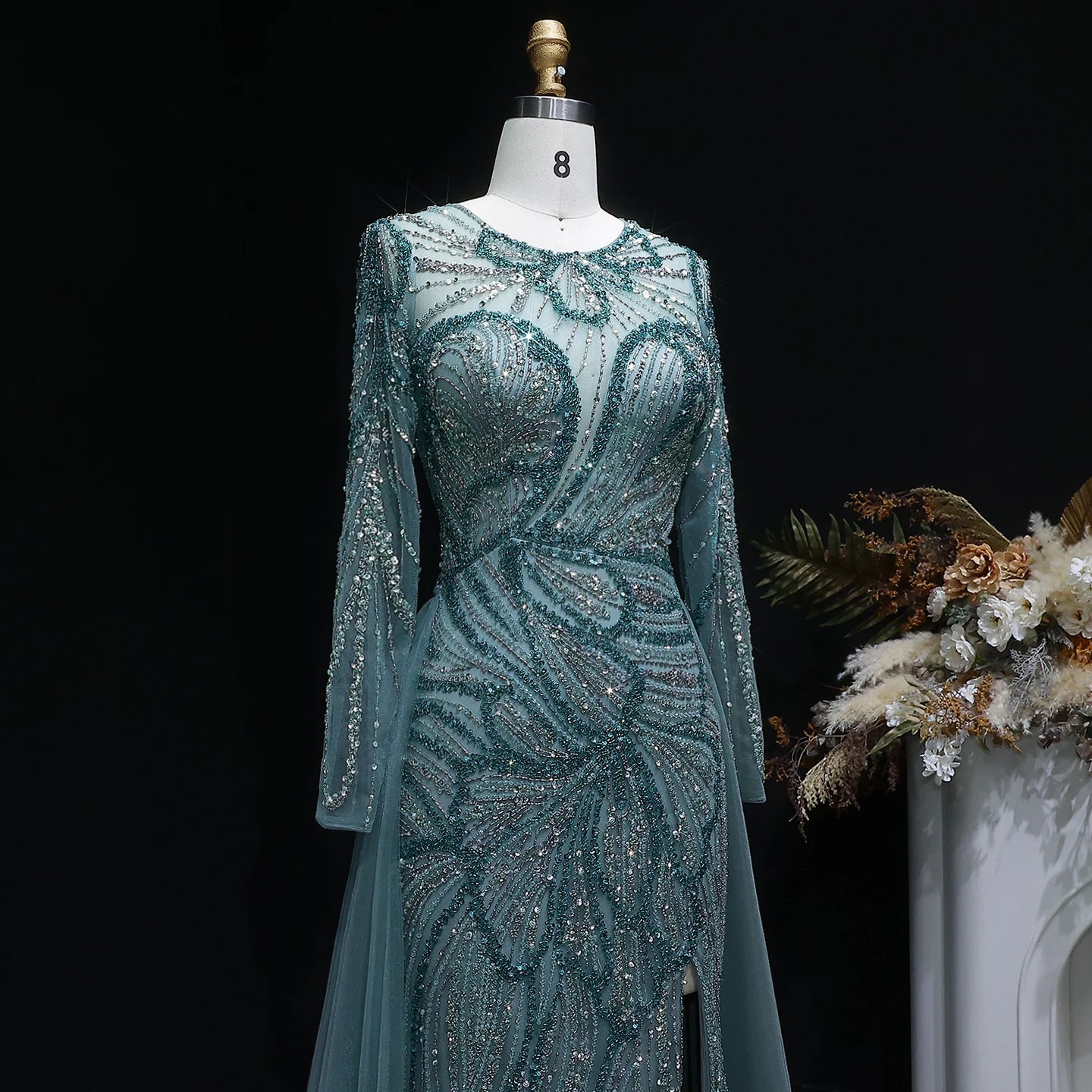 Green Beaded Long Sleeve Evening Gown with Overskirt and Side Slit — Riviera Couture GCC Luxury Evening Gown