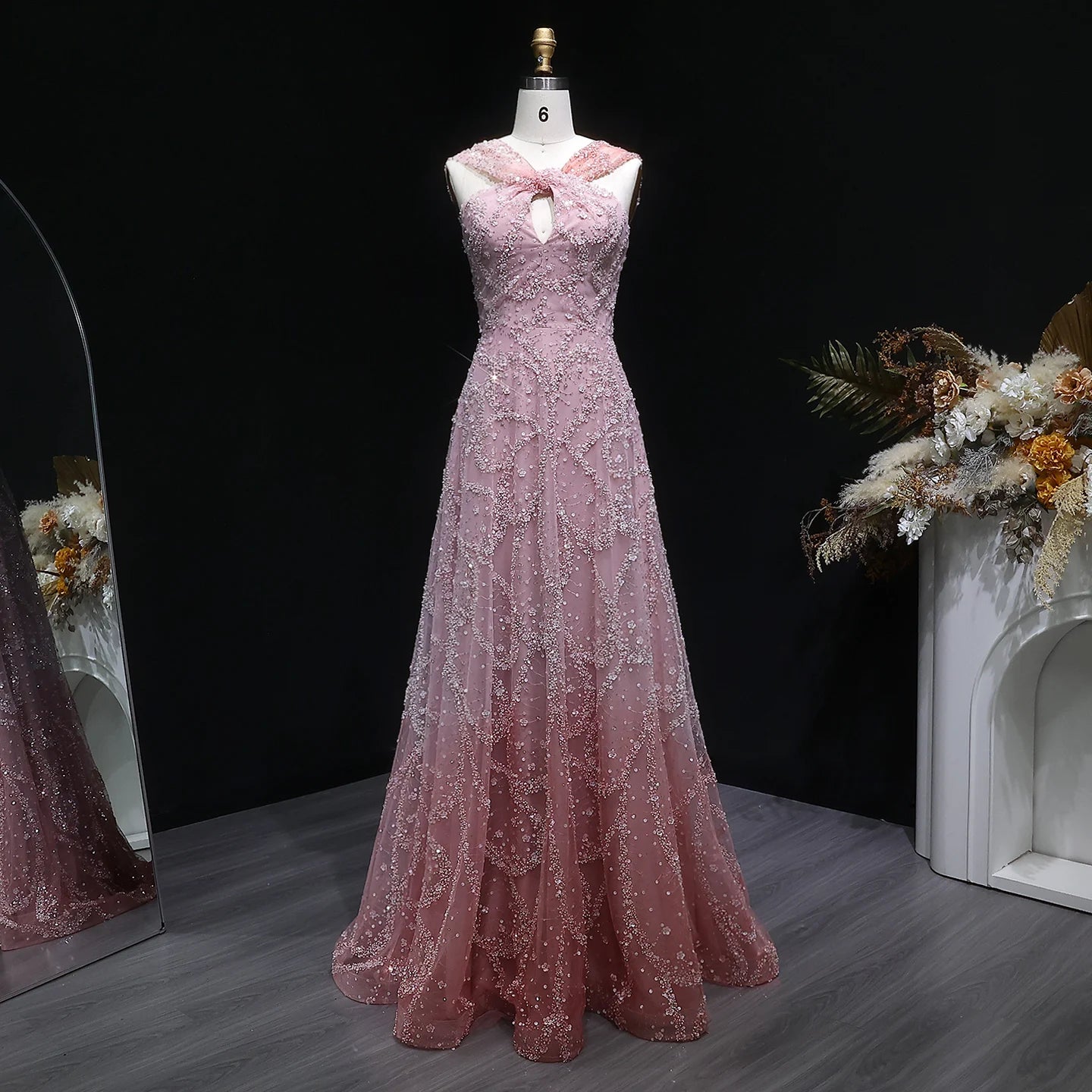 Gradient Pink Ombré Pink Criss-Cross Neck Evening Gown — Luxury GCC Formal — Riviera Couture GCC Luxury Evening Gown