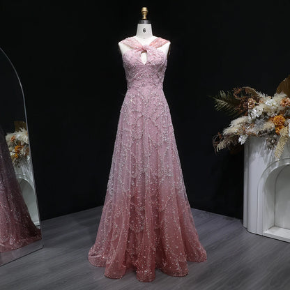 Gradient Pink Ombré Pink Criss-Cross Neck Evening Gown — Luxury GCC Formal — Riviera Couture GCC Luxury Evening Gown