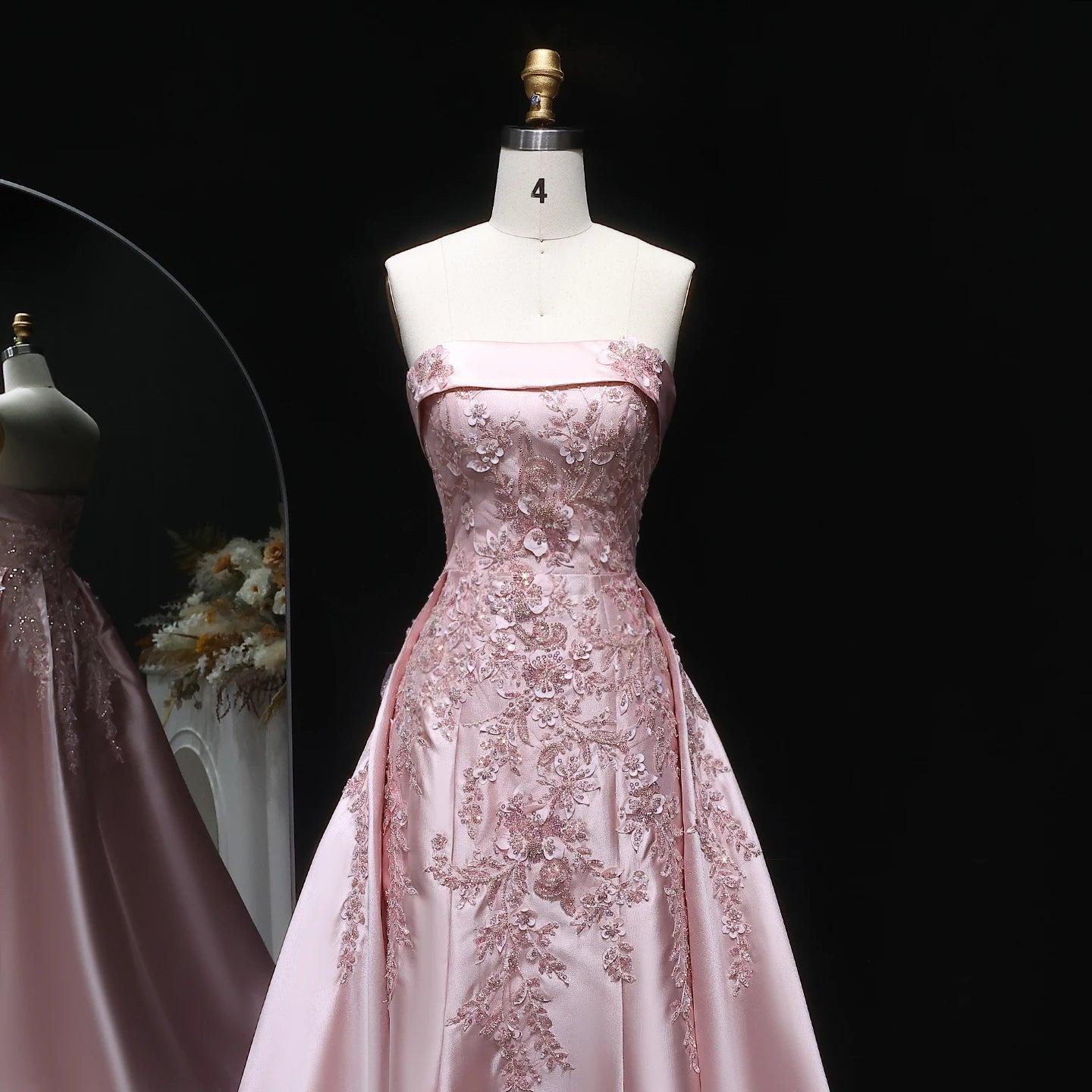 Pink Pink Mermaid Evening Gown with Overskirt — 3D Flowers Sequined Modest — Riviera Couture GCC Luxury Evening Gown