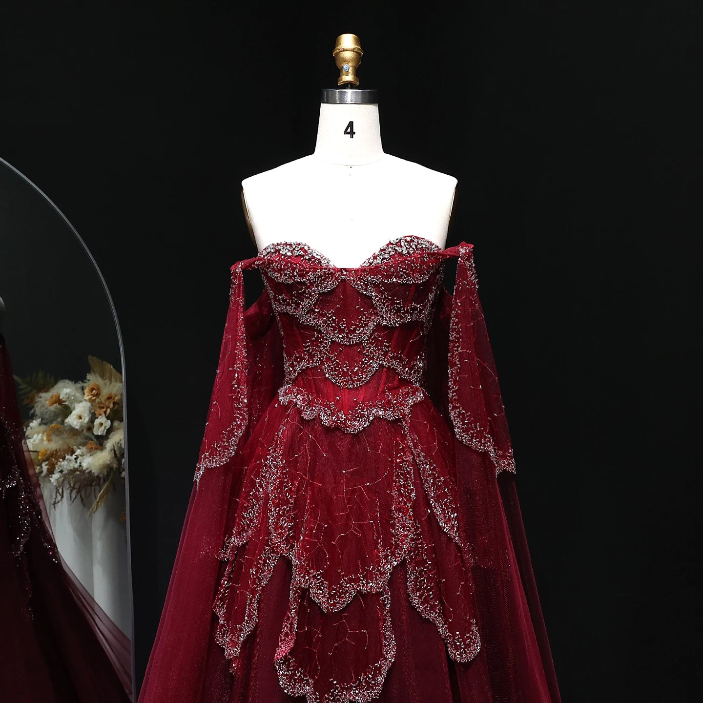 Burgundy Sage Green Sweetheart Evening Gown with Cape Sleeves — GCC Formal — Riviera Couture GCC Luxury Evening Gown