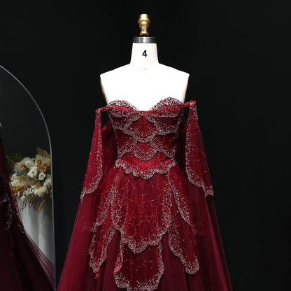 Burgundy Sage Green Sweetheart Evening Gown with Cape Sleeves — GCC Formal — Riviera Couture GCC Luxury Evening Gown