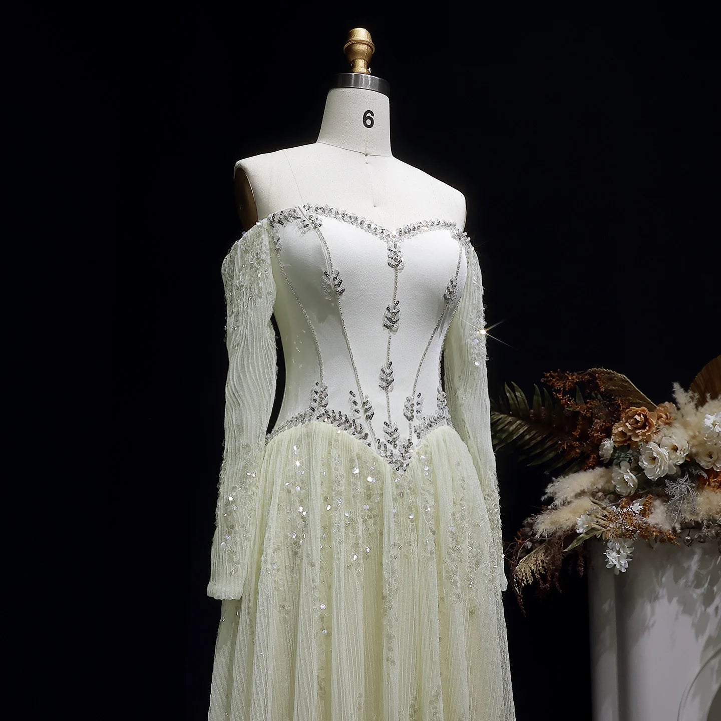 Beige Off-Shoulder Long Sleeve Sequined A-Line Evening Gown — GCC Formal — Riviera Couture GCC Luxury Evening Gown