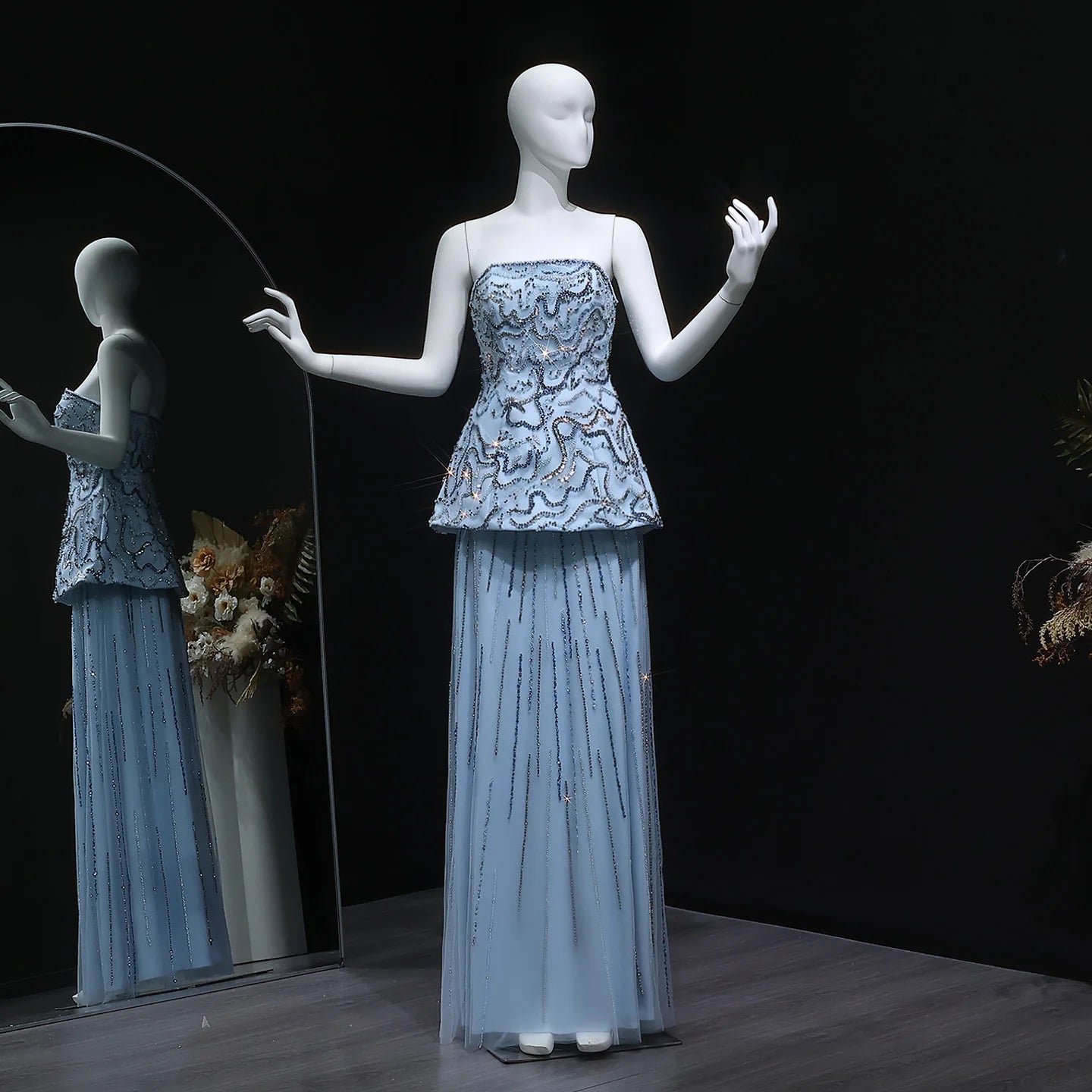 Blue Rose Pink and Blue Beaded Two-Piece Strapless Evening Gown — GCC — Riviera Couture GCC Luxury Evening Gown