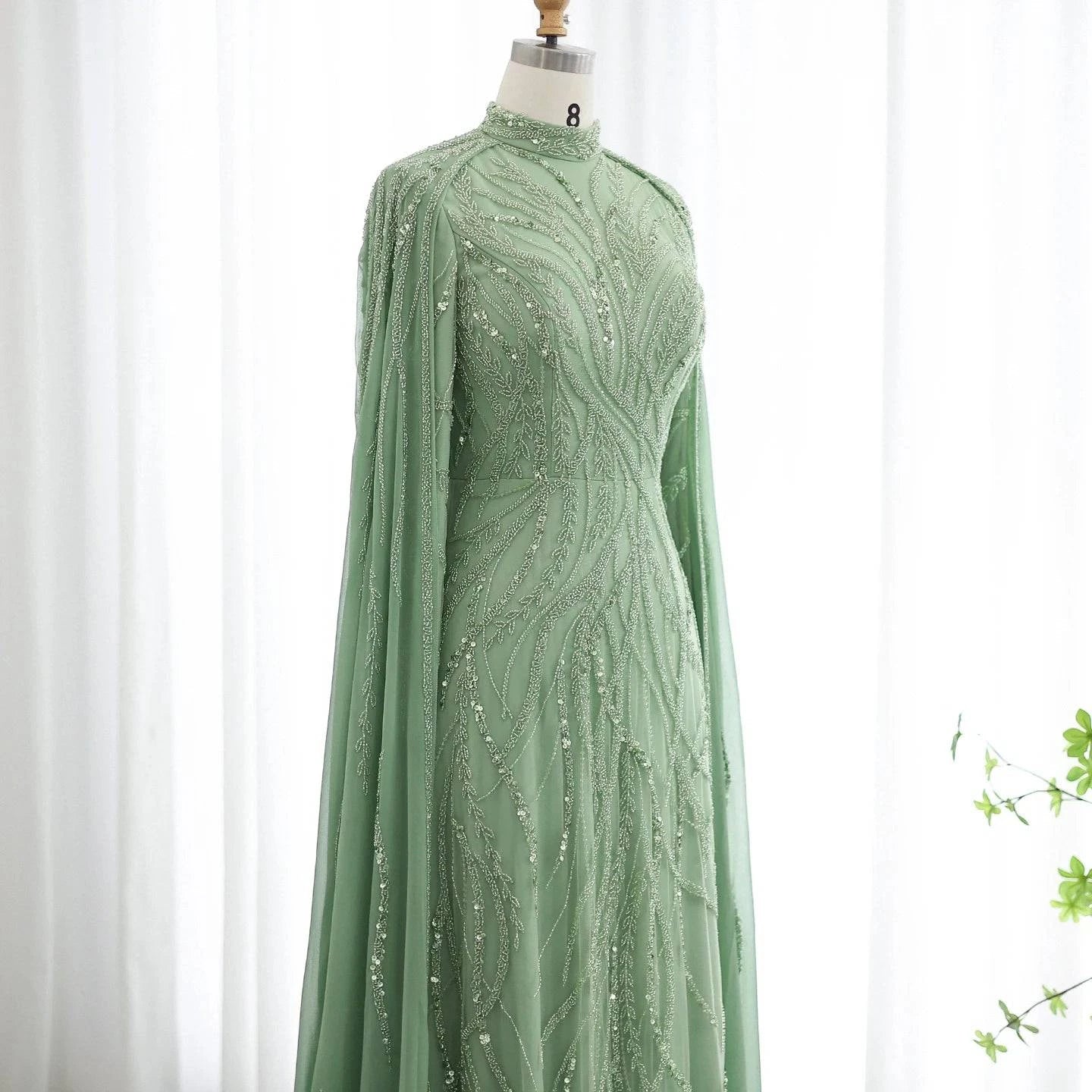 Beaded Sage Green Muslim High Neck Evening Dress with Cape Long Sleeves - Riviera Couture