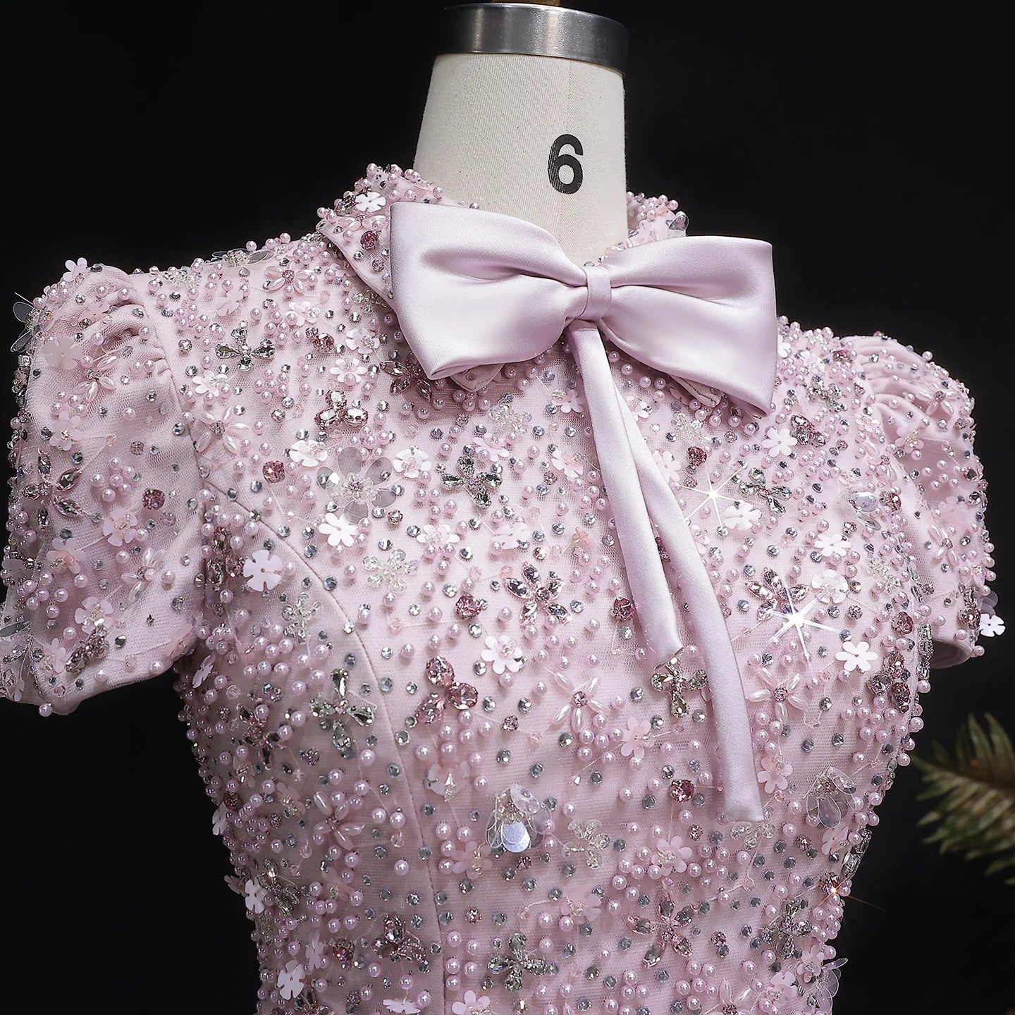 Pink Pink Beaded Two-Piece Evening Gown — Short Sleeve Arabic Luxury — Riviera Couture GCC Luxury Evening Gown