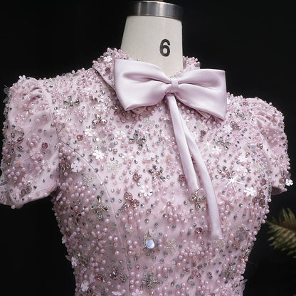 Pink Pink Beaded Two-Piece Evening Gown — Short Sleeve Arabic Luxury — Riviera Couture GCC Luxury Evening Gown