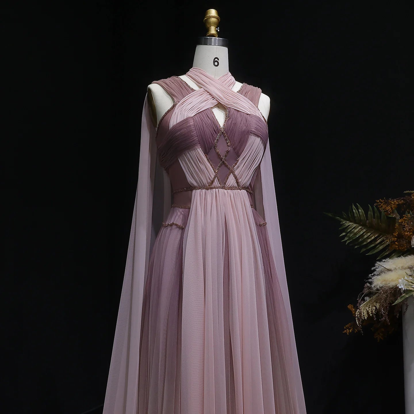 Ombre Pink Ombré Pink Cape Sleeve Evening Gown — Criss-Cross Halter Backless — Riviera Couture GCC Luxury Evening Gown