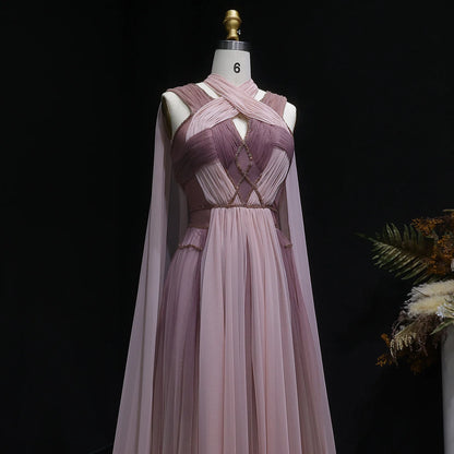 Ombre Pink Ombré Pink Cape Sleeve Evening Gown — Criss-Cross Halter Backless — Riviera Couture GCC Luxury Evening Gown