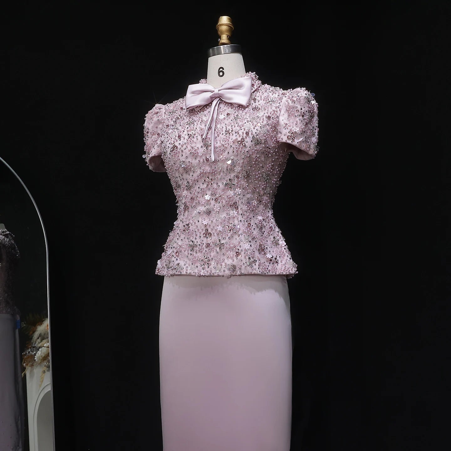 Pink Pink Beaded Two-Piece Evening Gown — Short Sleeve Arabic Luxury — Riviera Couture GCC Luxury Evening Gown