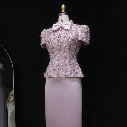 Pink Pink Beaded Two-Piece Evening Gown — Short Sleeve Arabic Luxury — Riviera Couture GCC Luxury Evening Gown
