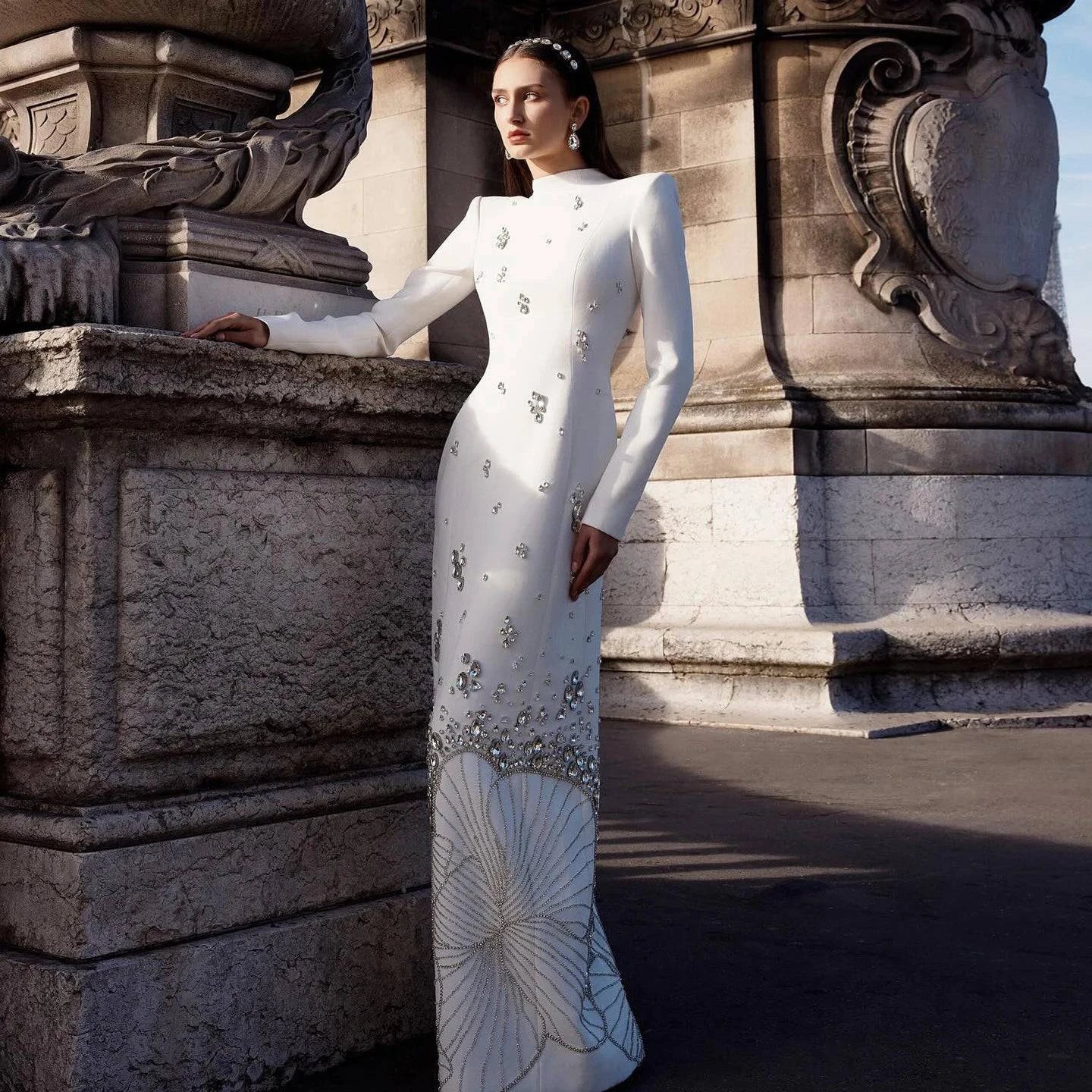 Luxury Crystal White Evening Dress with Elegant High Neck - Riviera Couture