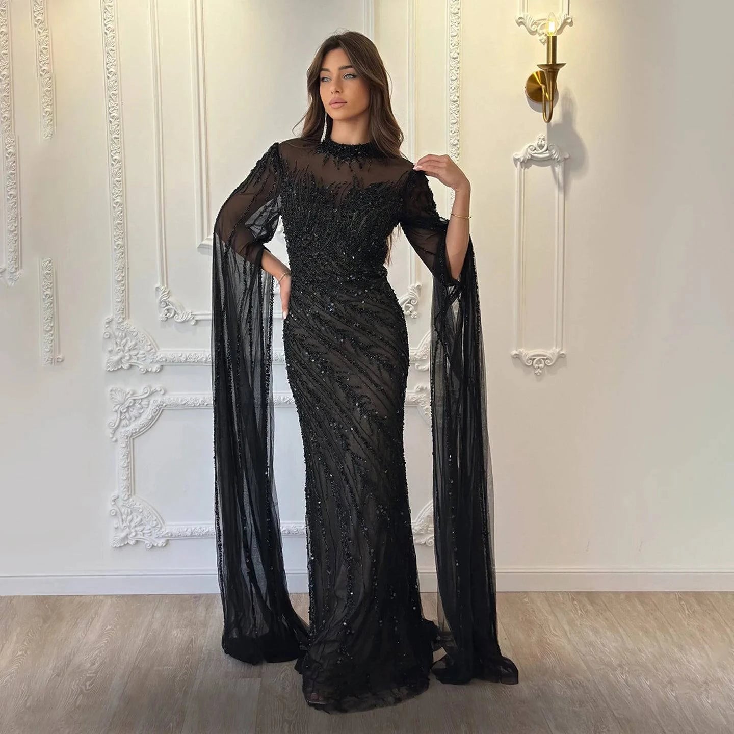 Mermaid Evening Dresses with Cape Sleeves and High Neck - Riviera Couture