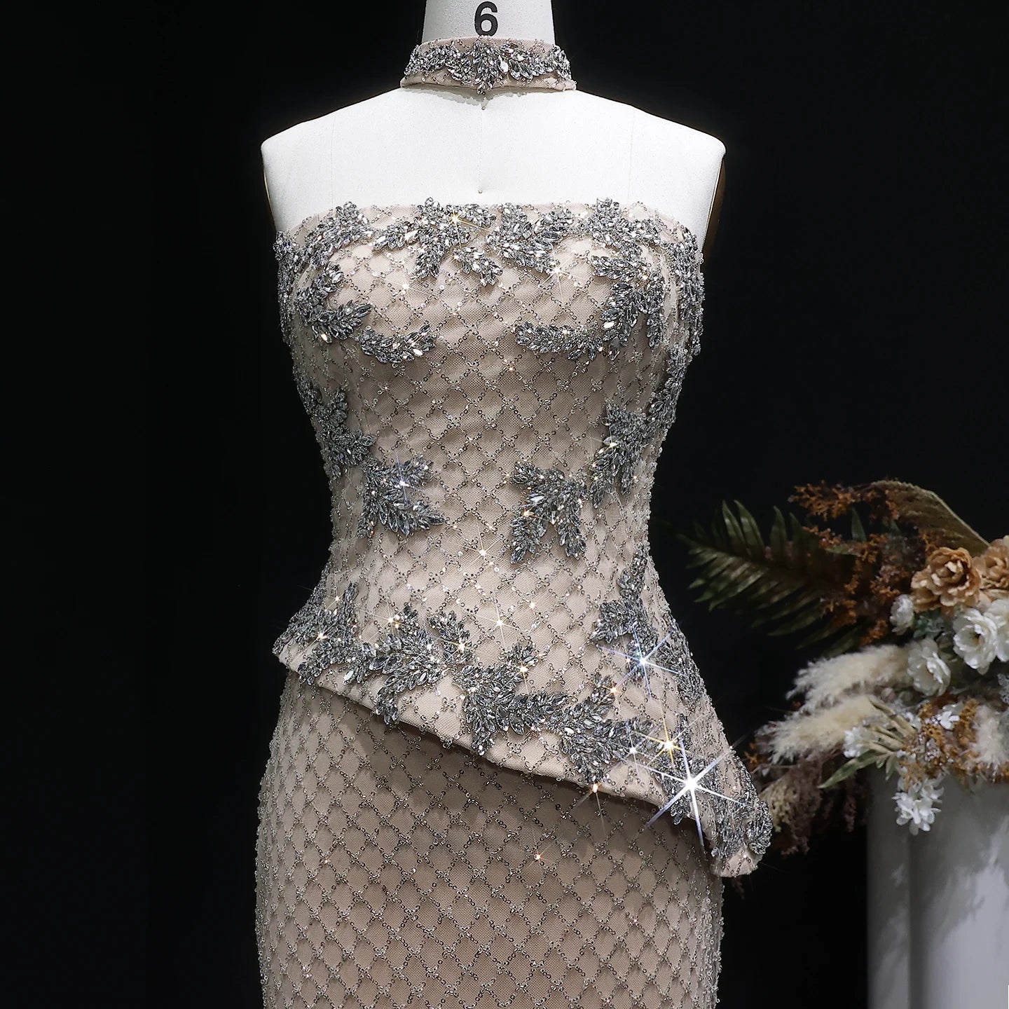 Champagne Crystal Sequined Mermaid Evening Gown with Cape — GCC Luxury 2026 — Riviera Couture GCC Luxury Evening Gown