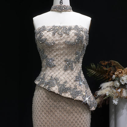 Champagne Crystal Sequined Mermaid Evening Gown with Cape — GCC Luxury 2026 — Riviera Couture GCC Luxury Evening Gown