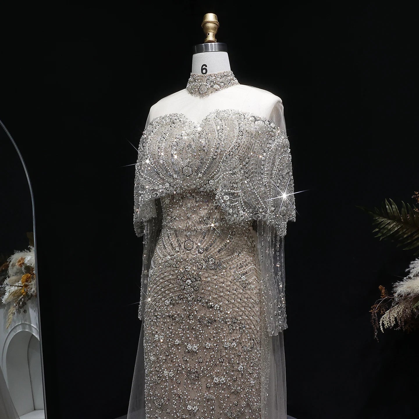 Green Gray Dubai Evening Gown with Cape — Long Sleeve Detachable Overskirt — Riviera Couture GCC Luxury Evening Gown