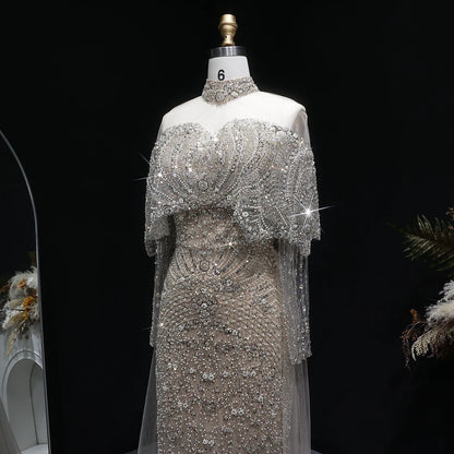 Green Gray Dubai Evening Gown with Cape — Long Sleeve Detachable Overskirt — Riviera Couture GCC Luxury Evening Gown