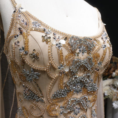 Crystal Beaded Evening Gown with Cape — Luxury GCC Wedding Formal — Riviera Couture GCC Luxury Evening Gown