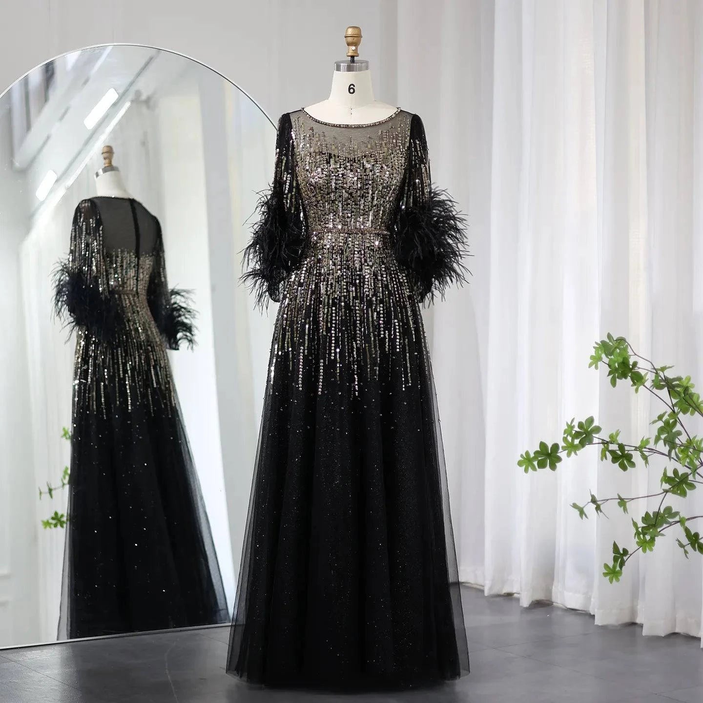 Feather Sleeve Signature Gown - Riviera Couture