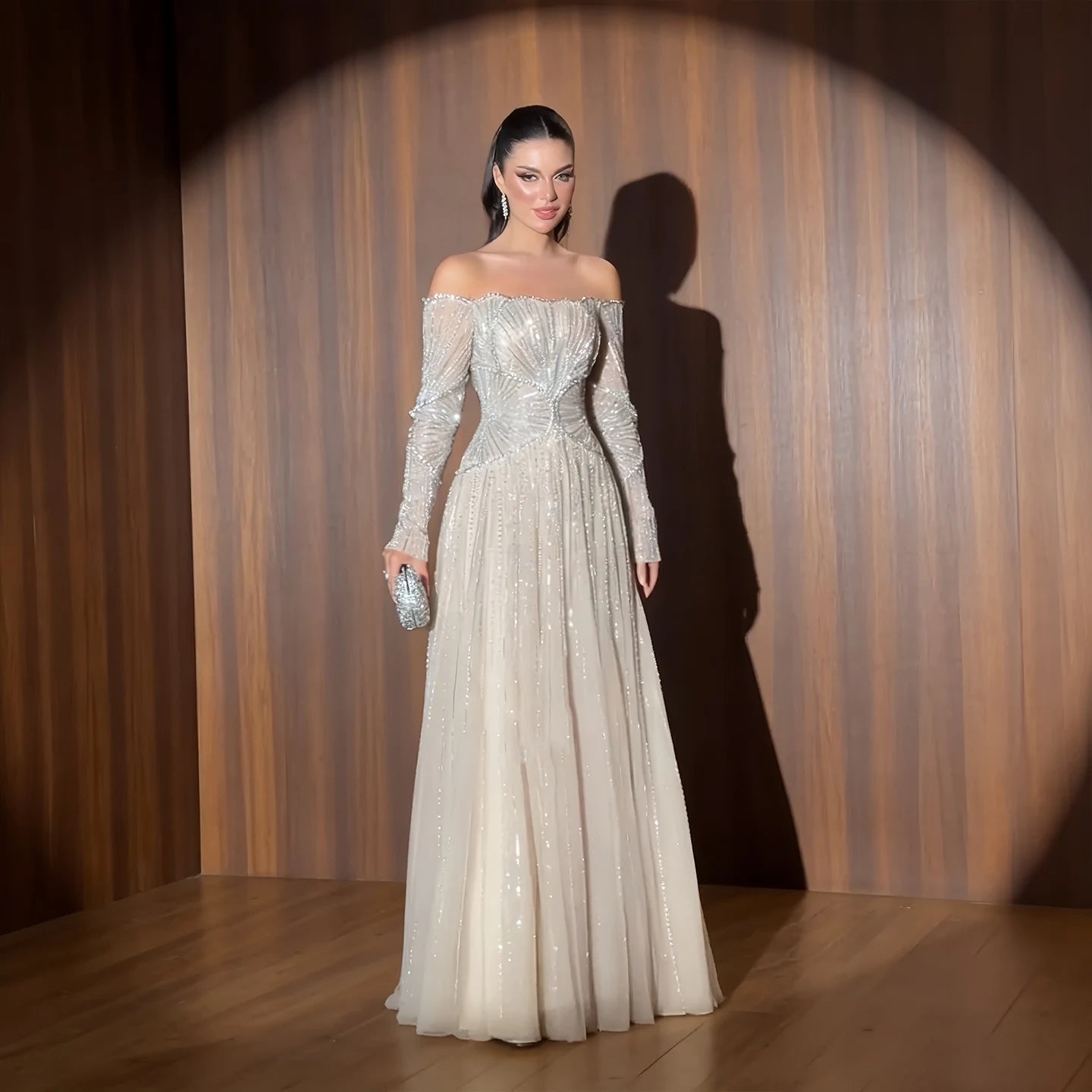 Beige Off Shoulder Long Sleeves Beaded Gown luxury evening dress by Riviera Couture