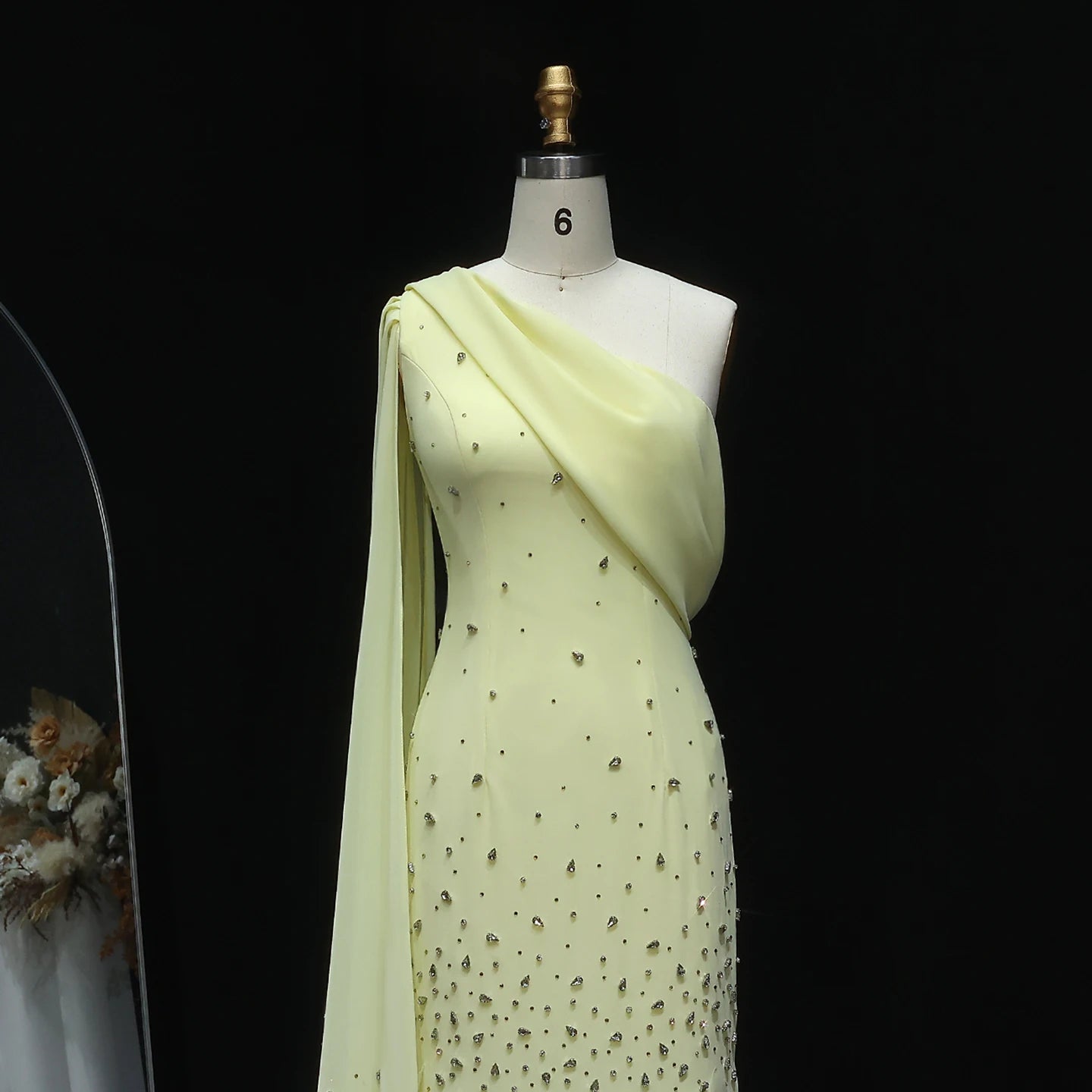 Yellow Modest One-Shoulder Mermaid Evening Gown — 3D Leaves Crystal Cape — Riviera Couture GCC Luxury Evening Gown