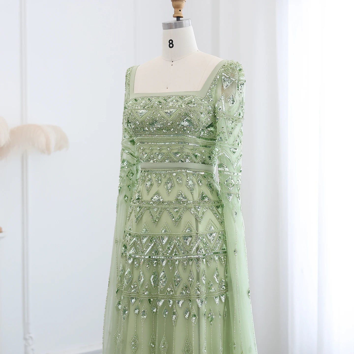 Sage Green Wine Red Burgundy Evening Gown with Cape Sleeve — Arabic Luxury 2026 — Riviera Couture GCC Luxury Evening Gown