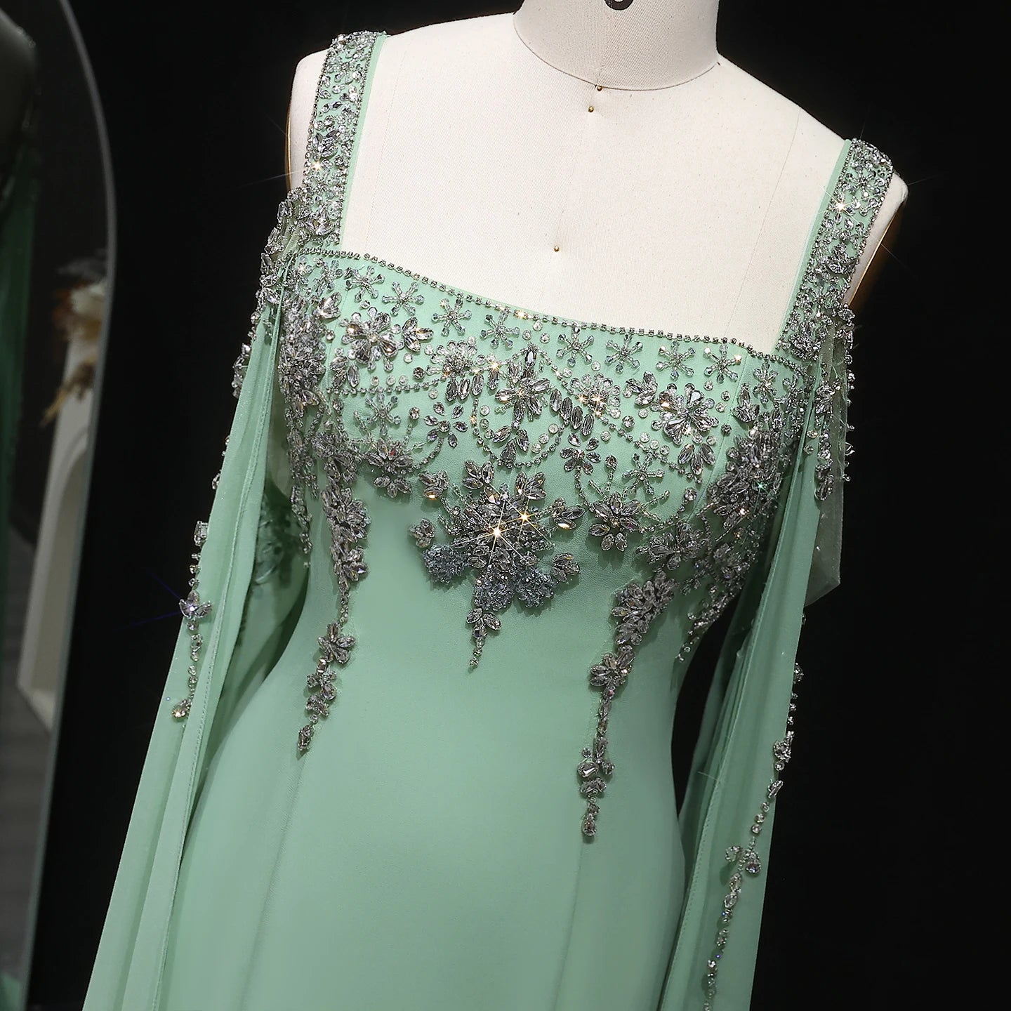Yellow Blue Crystal Evening Gown with Flowing Cape Sleeve — Arabic Luxury — Riviera Couture GCC Luxury Evening Gown