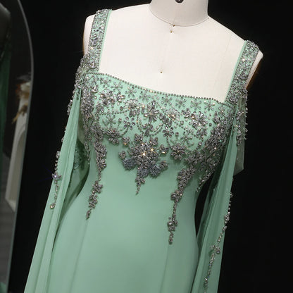 Yellow Blue Crystal Evening Gown with Flowing Cape Sleeve — Arabic Luxury — Riviera Couture GCC Luxury Evening Gown