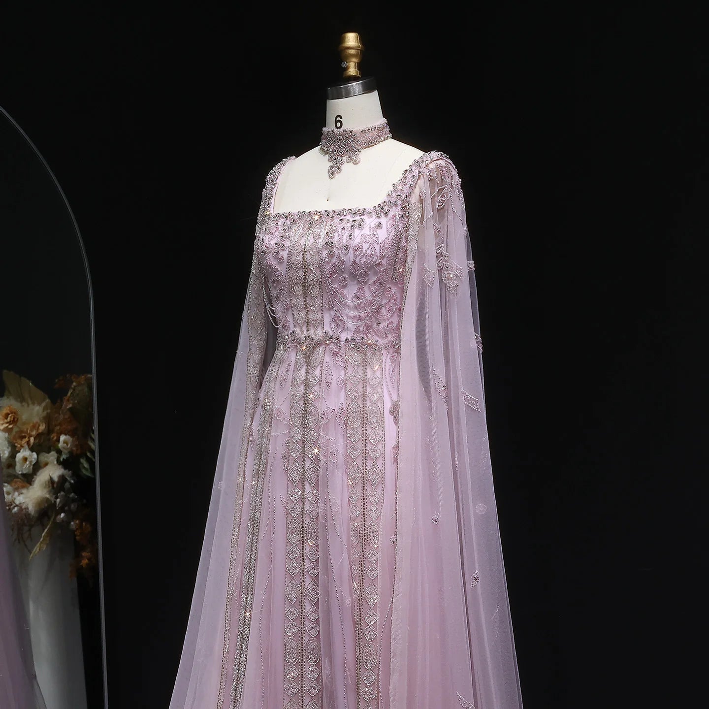 Burgundy Nude Arabic Evening Gown with Cape Sleeves and Wine Red Choker — Riviera Couture GCC Luxury Evening Gown
