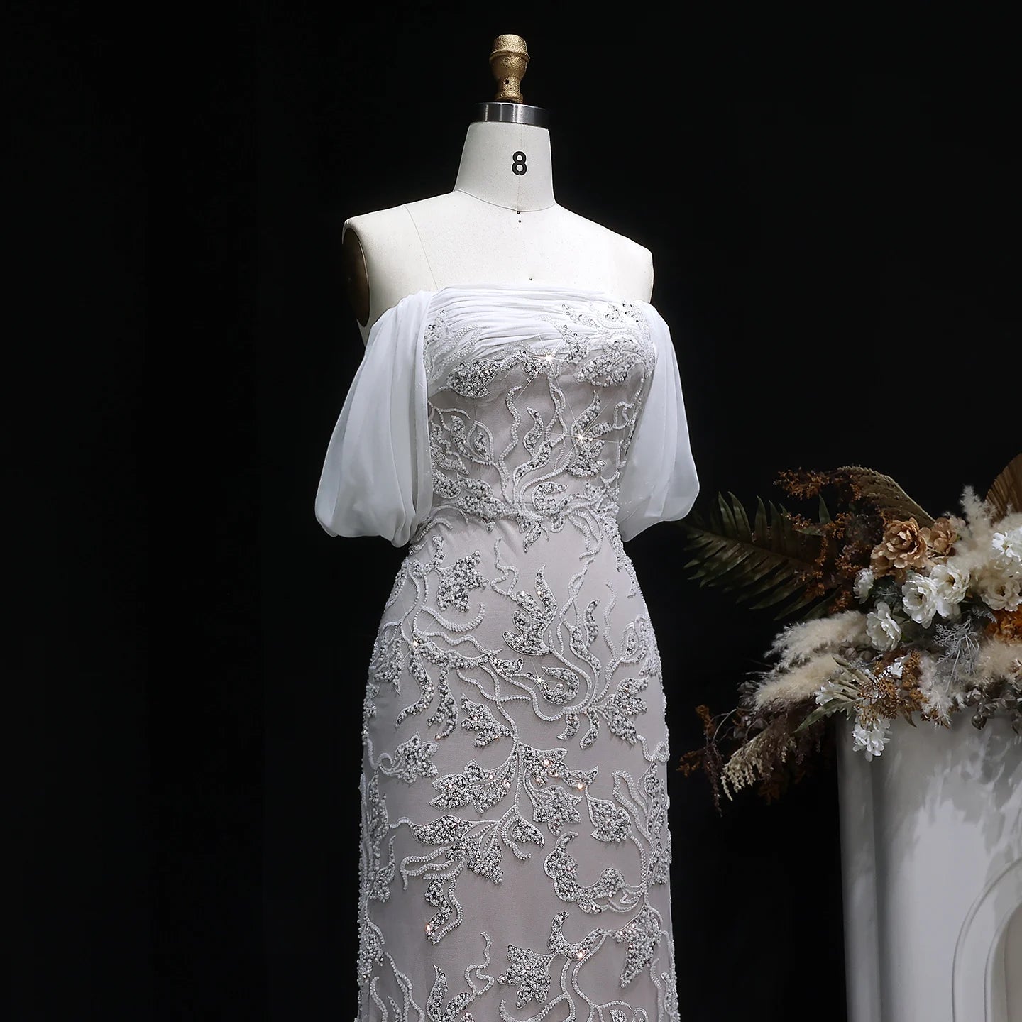 Ivory Ivory Off-Shoulder Mermaid Evening Gown — Luxury Beaded Arabic — Riviera Couture GCC Luxury Evening Gown