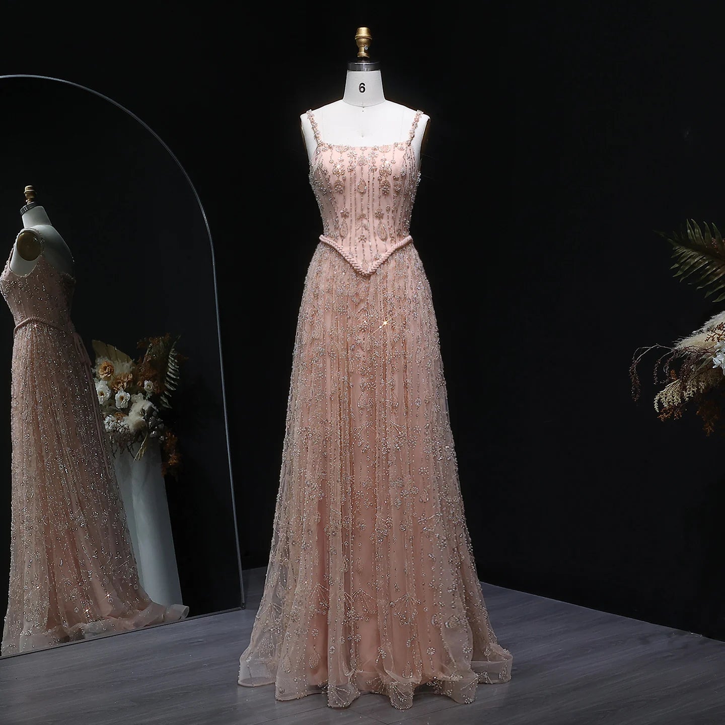 Nude Long Sleeves Sage Green Spaghetti Strap Evening Gown — Arabic Luxury 2026 — Riviera Couture GCC Luxury Evening Gown