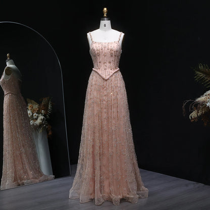 Nude Long Sleeves Sage Green Spaghetti Strap Evening Gown — Arabic Luxury 2026 — Riviera Couture GCC Luxury Evening Gown